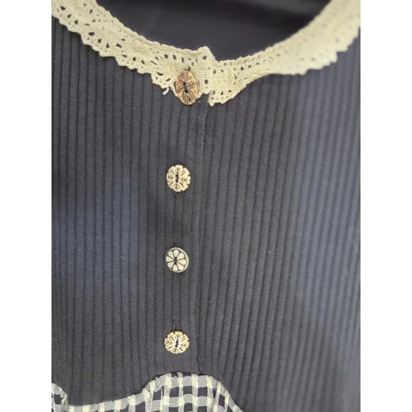 Ms. Conduct Black White Gingham A-Line Long Dress Lace Collar Decorative Buttons - Picture 4 of 5